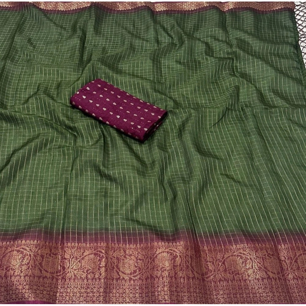 Women's Cotton Blend Checkered Saree With Unstitched Blouse 5.5Mtr (Green)