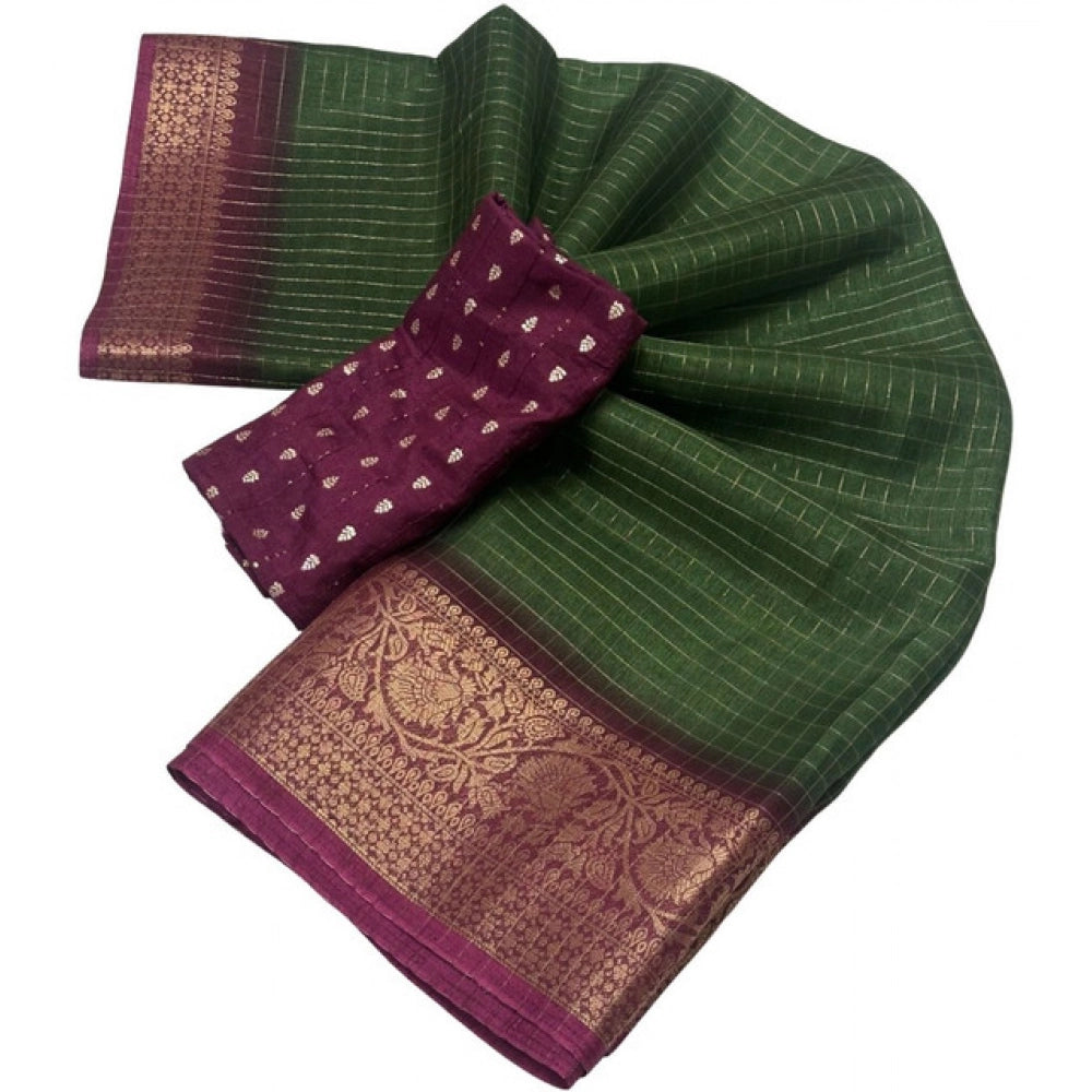 Women's Cotton Blend Checkered Saree With Unstitched Blouse 5.5Mtr (Green)
