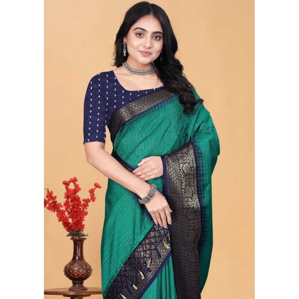 Women's Cotton Blend Checkered Saree With Unstitched Blouse 5.5Mtr (Teal Green)