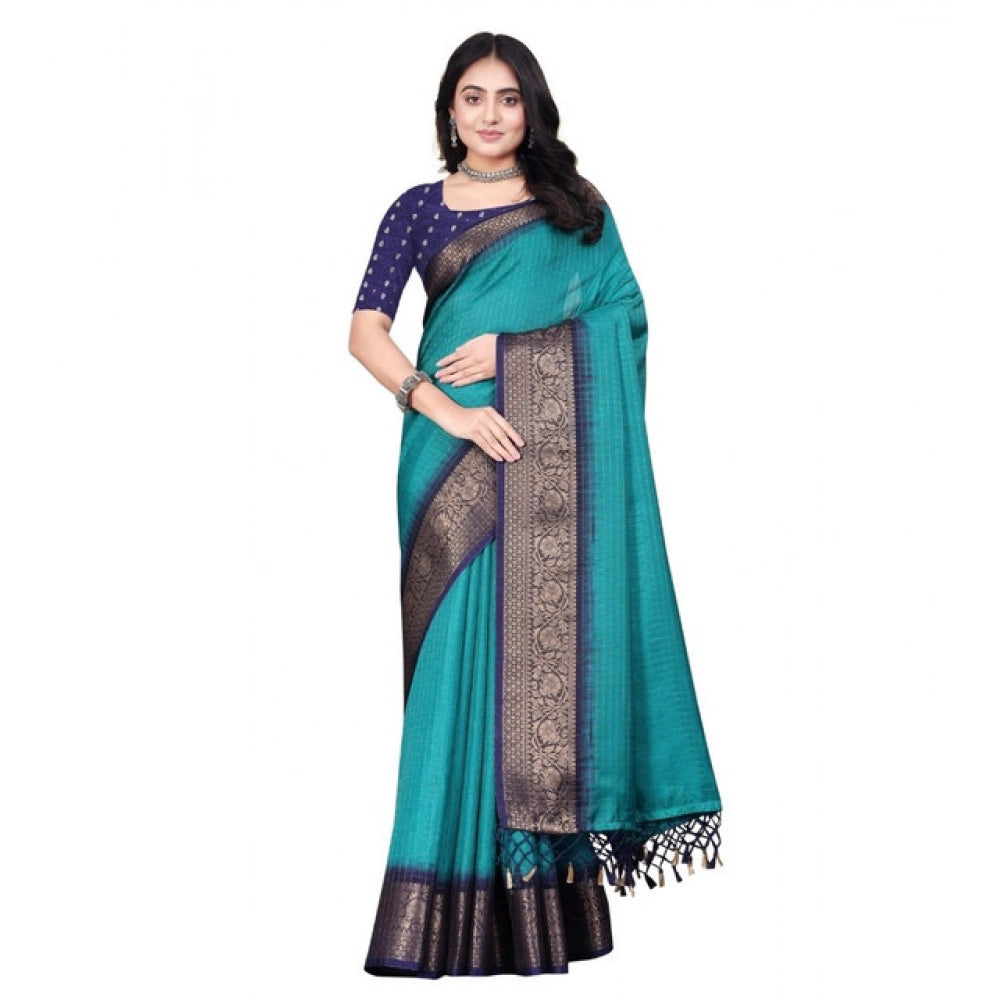 Women's Cotton Blend Checkered Saree With Unstitched Blouse 5.5Mtr (Teal Green)