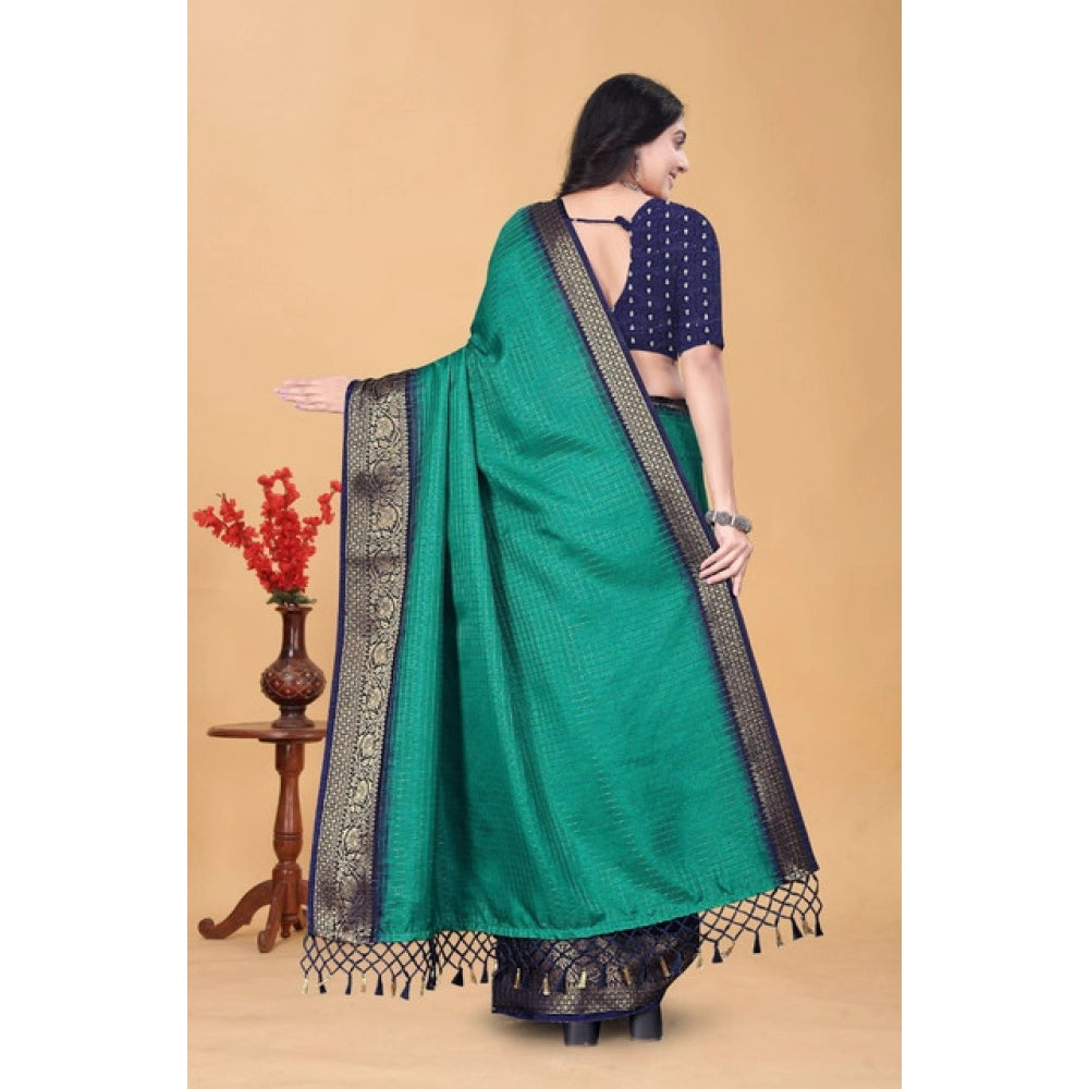 Women's Cotton Blend Checkered Saree With Unstitched Blouse 5.5Mtr (Teal Green)