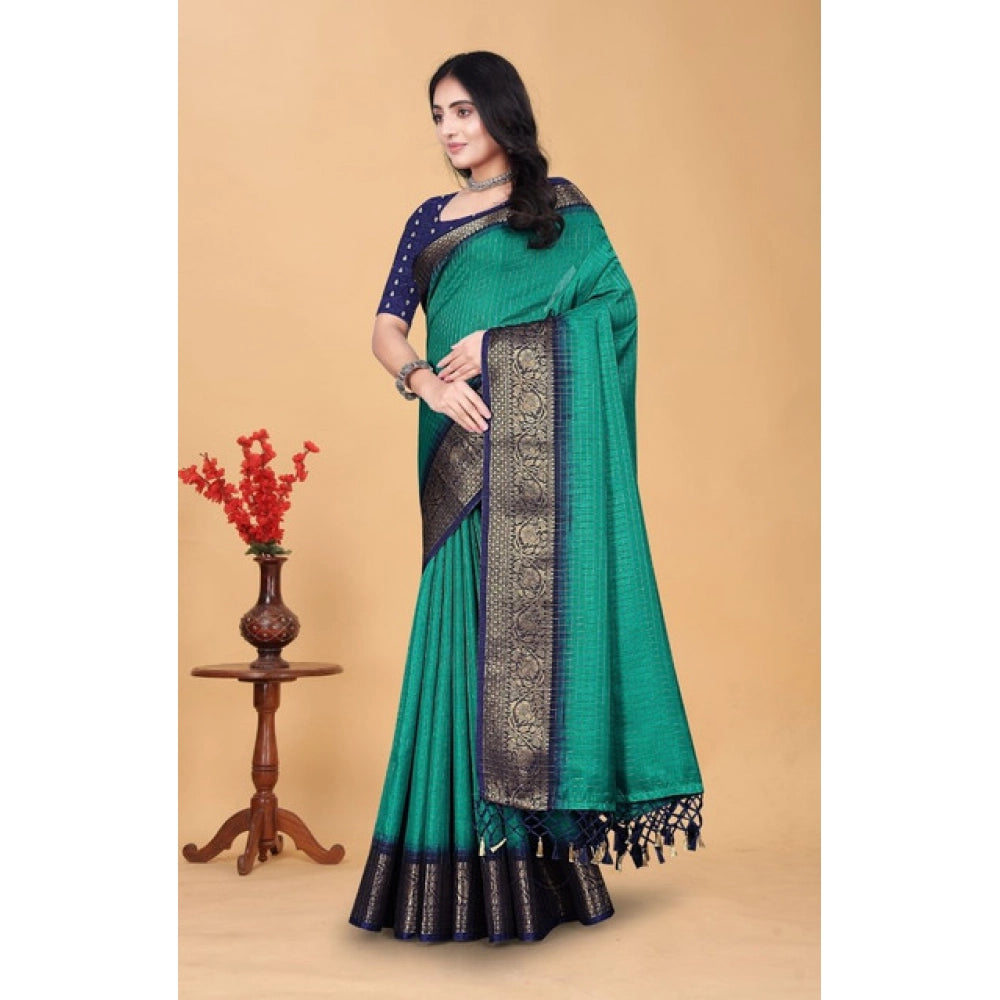 Women's Cotton Blend Checkered Saree With Unstitched Blouse 5.5Mtr (Teal Green)
