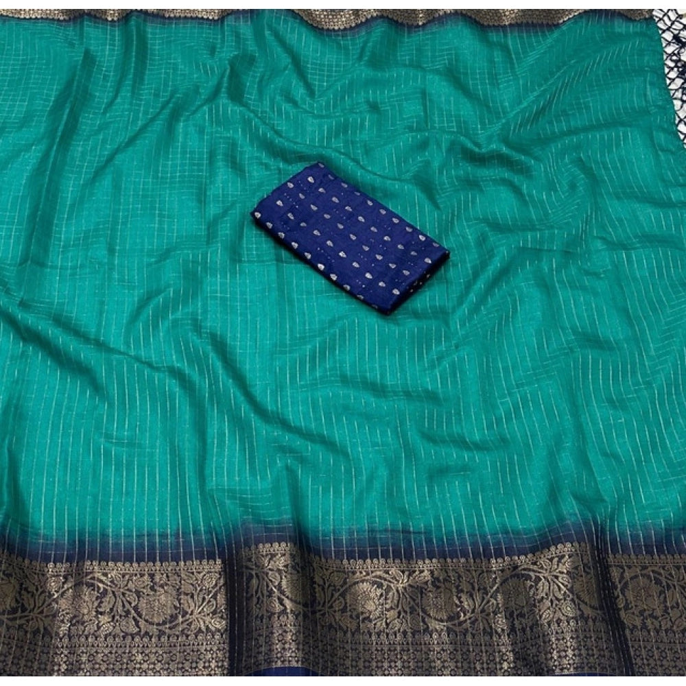 Women's Cotton Blend Checkered Saree With Unstitched Blouse 5.5Mtr (Teal Green)