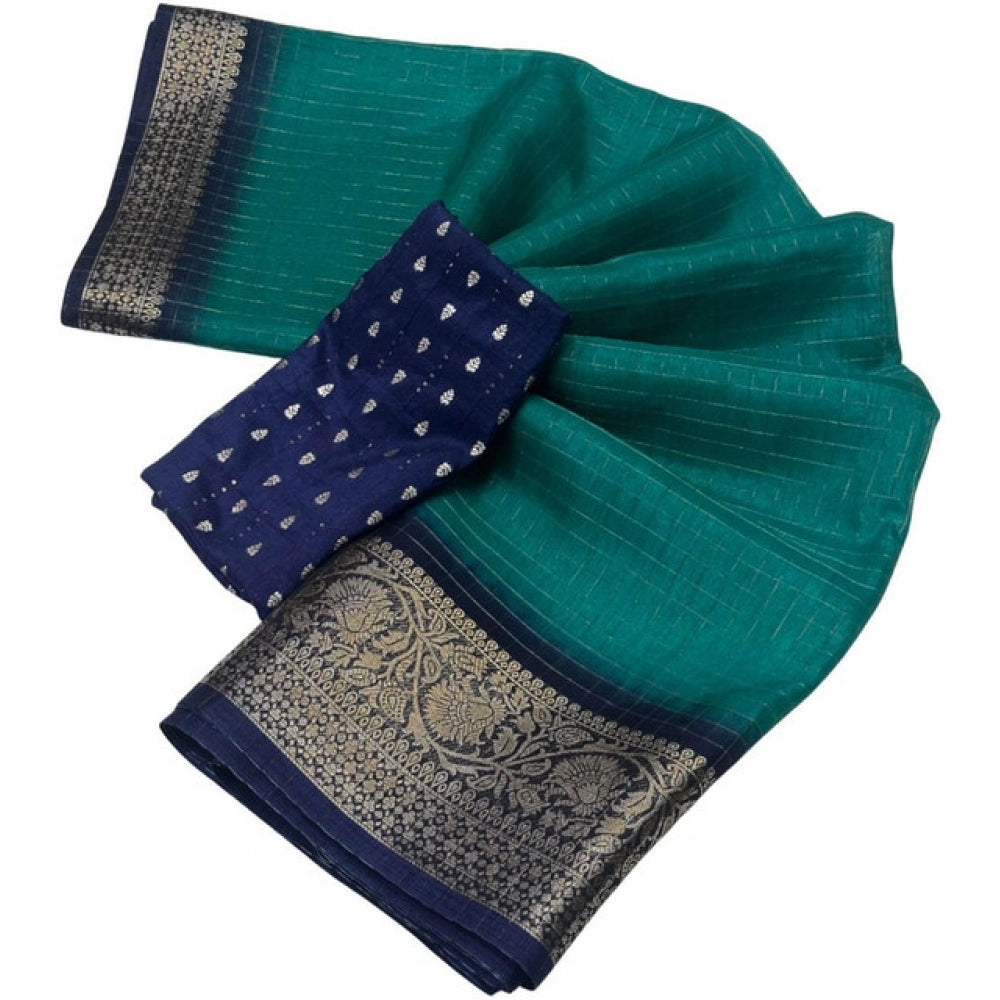 Women's Cotton Blend Checkered Saree With Unstitched Blouse 5.5Mtr (Teal Green)