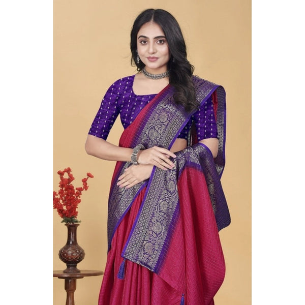 Women's Cotton Blend Checkered Saree With Unstitched Blouse 5.5Mtr (Pink)