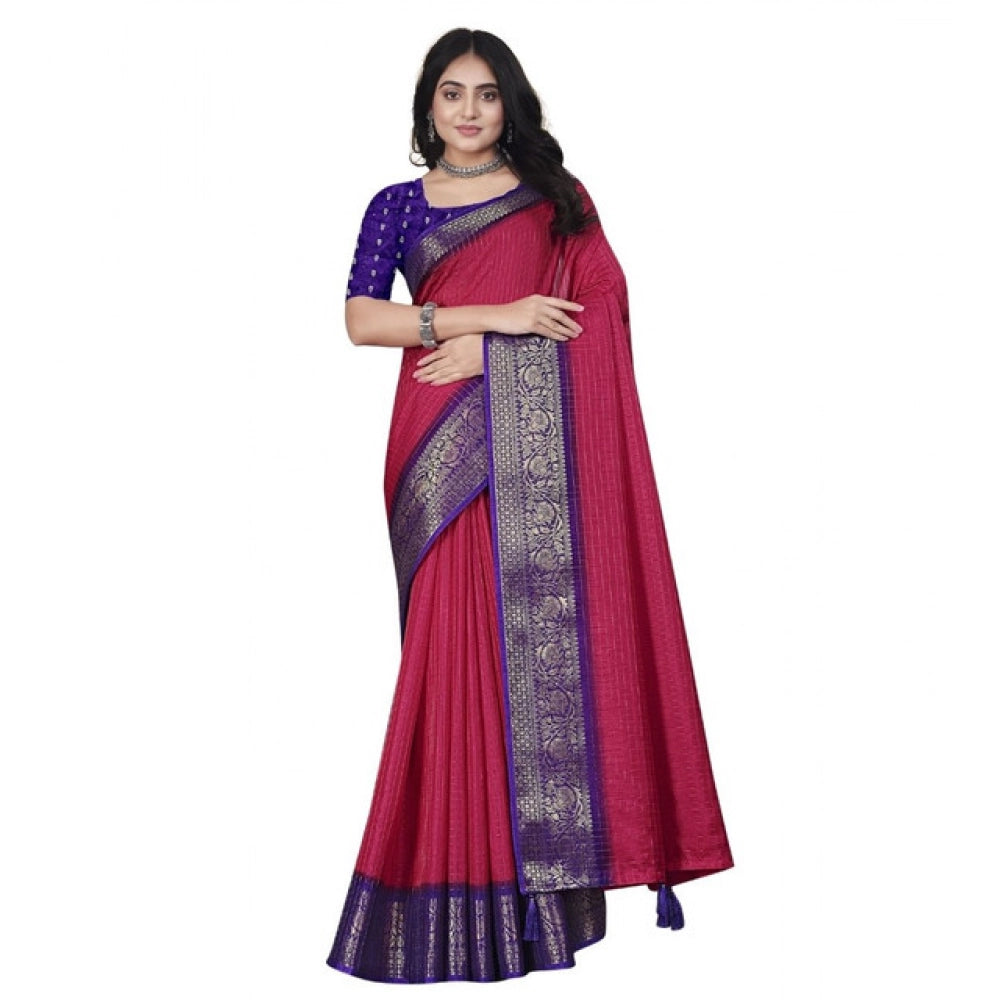 Women's Cotton Blend Checkered Saree With Unstitched Blouse 5.5Mtr (Pink)