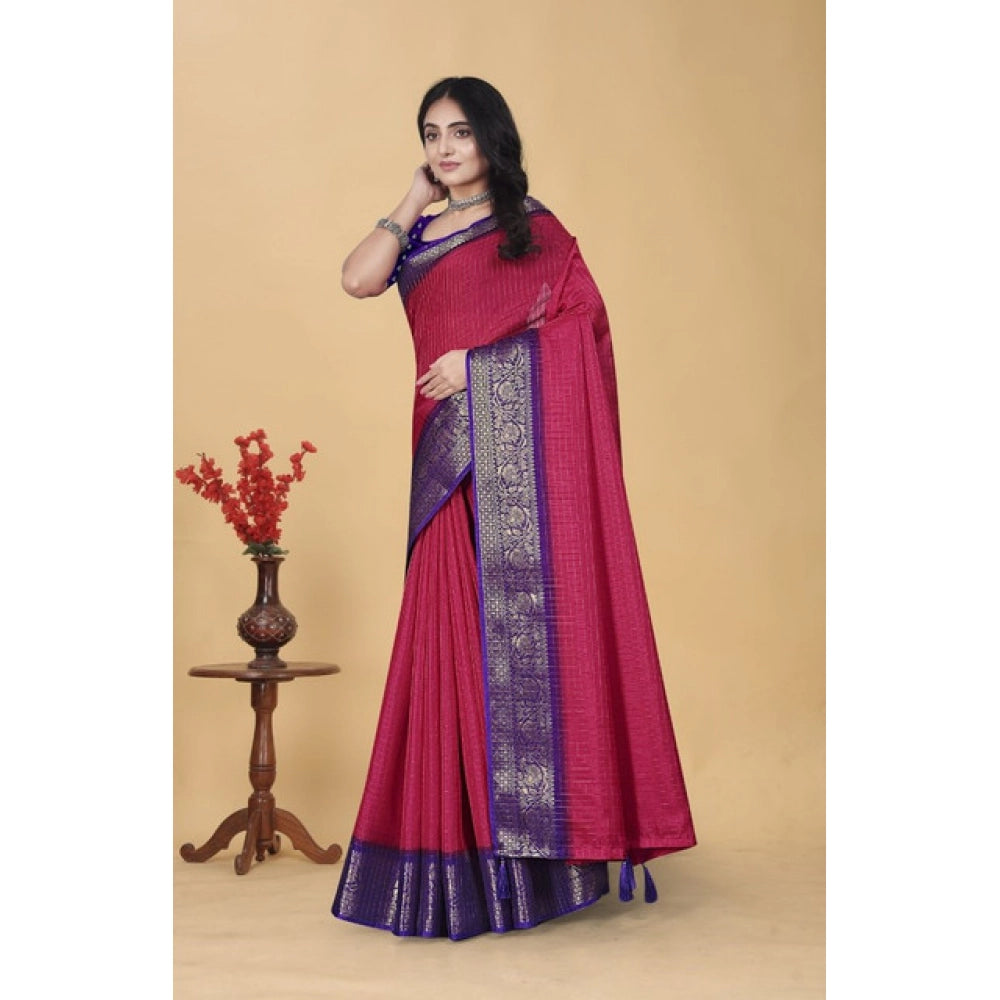 Women's Cotton Blend Checkered Saree With Unstitched Blouse 5.5Mtr (Pink)