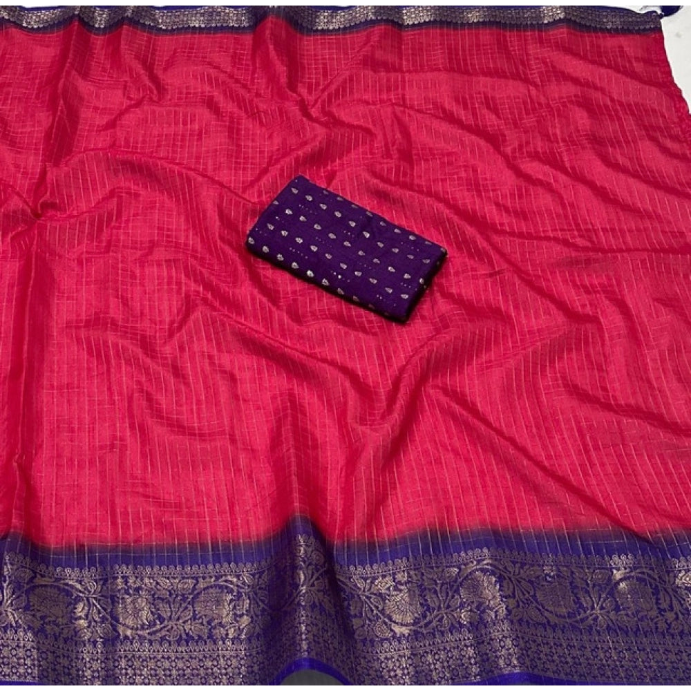 Women's Cotton Blend Checkered Saree With Unstitched Blouse 5.5Mtr (Pink)