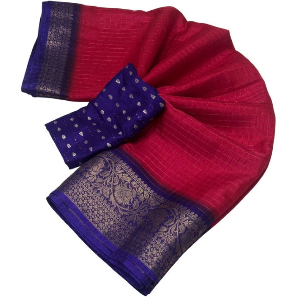 Women's Cotton Blend Checkered Saree With Unstitched Blouse 5.5Mtr (Pink)
