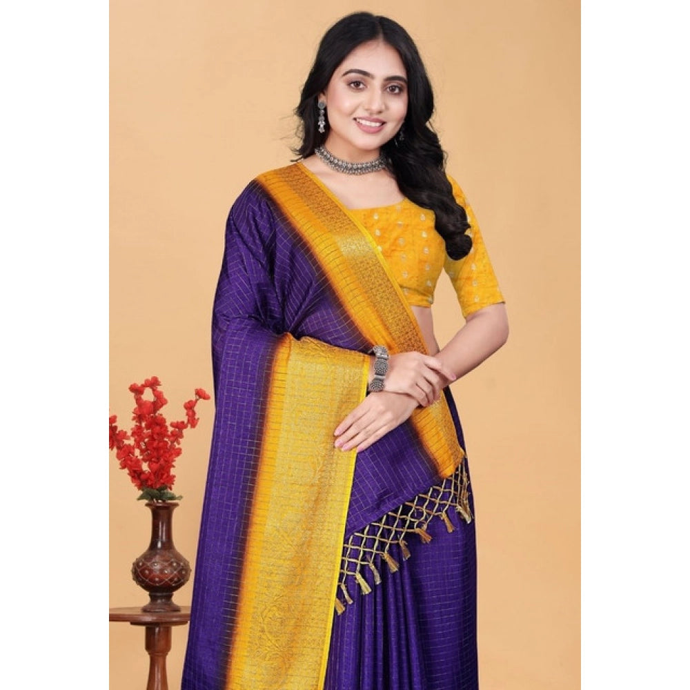 Women's Cotton Blend Checkered Saree With Unstitched Blouse 5.5Mtr (Royal Blue)