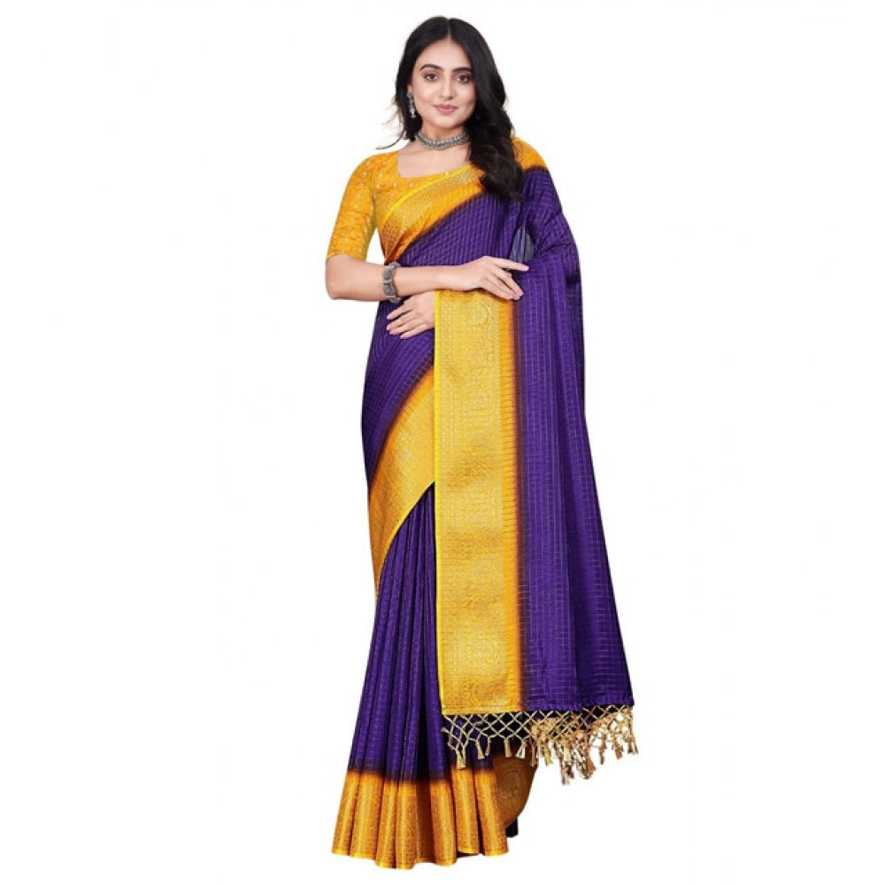 Women's Cotton Blend Checkered Saree With Unstitched Blouse 5.5Mtr (Royal Blue)