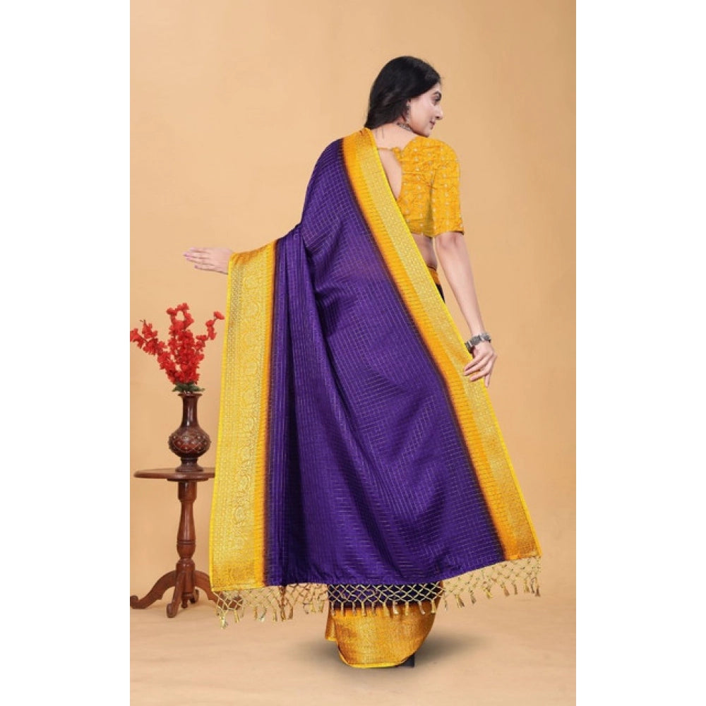 Women's Cotton Blend Checkered Saree With Unstitched Blouse 5.5Mtr (Royal Blue)
