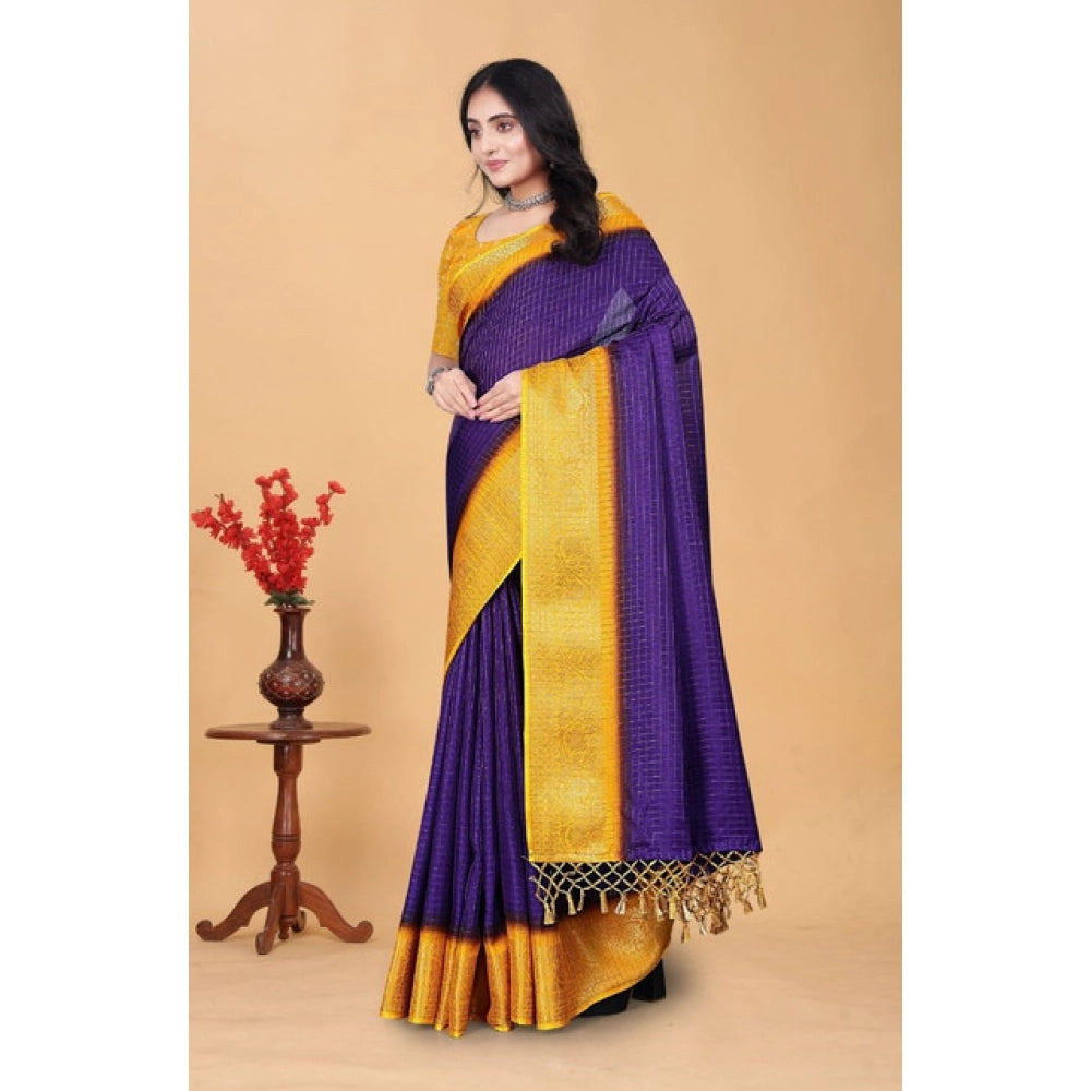 Women's Cotton Blend Checkered Saree With Unstitched Blouse 5.5Mtr (Royal Blue)