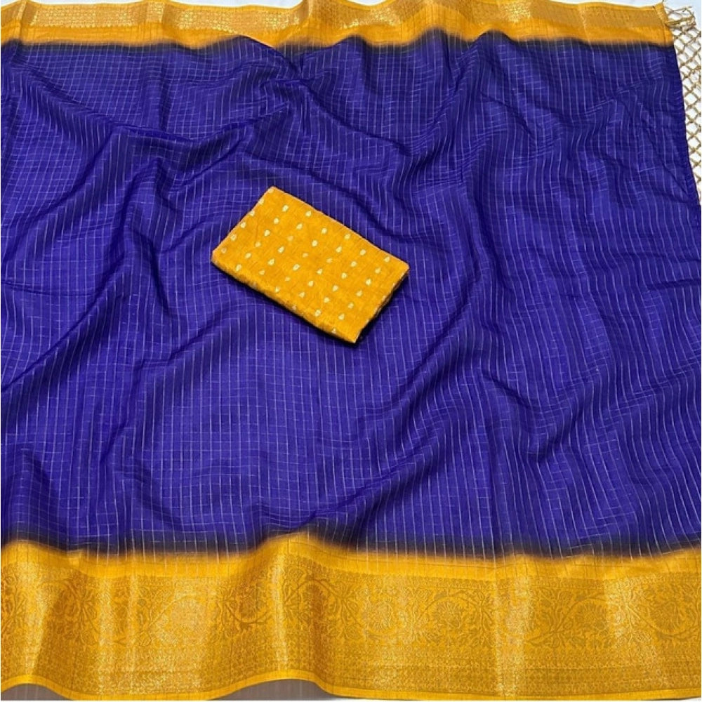 Women's Cotton Blend Checkered Saree With Unstitched Blouse 5.5Mtr (Royal Blue)