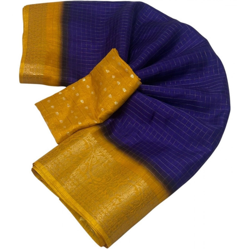 Women's Cotton Blend Checkered Saree With Unstitched Blouse 5.5Mtr (Royal Blue)