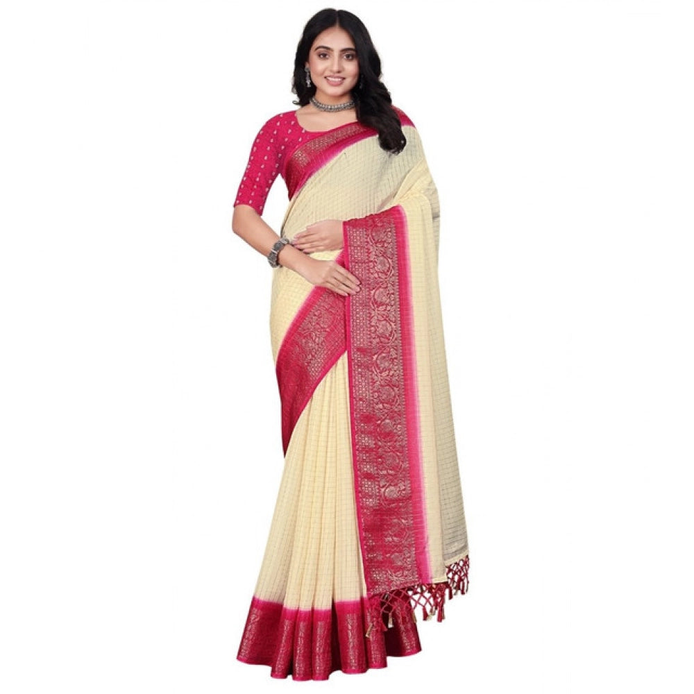 Women's Cotton Blend Checkered Saree With Unstitched Blouse 5.5Mtr (Multicolor)