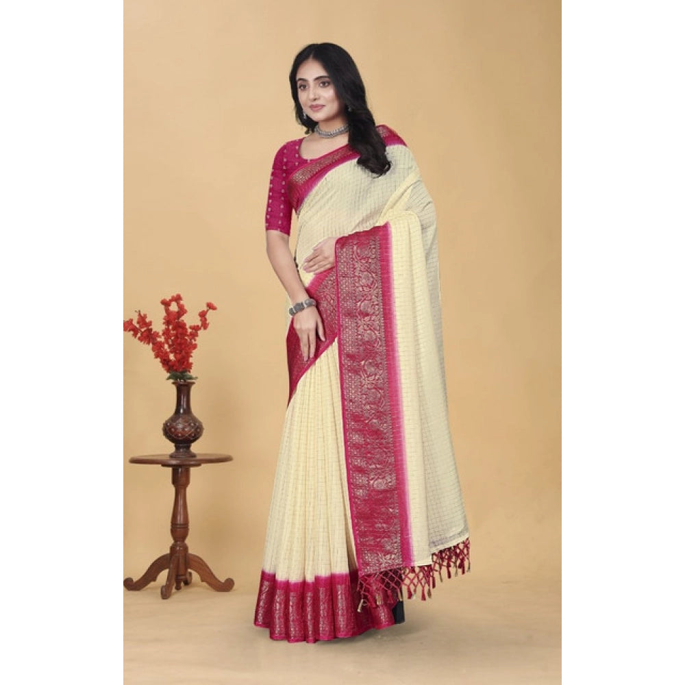 Women's Cotton Blend Checkered Saree With Unstitched Blouse 5.5Mtr (Multicolor)