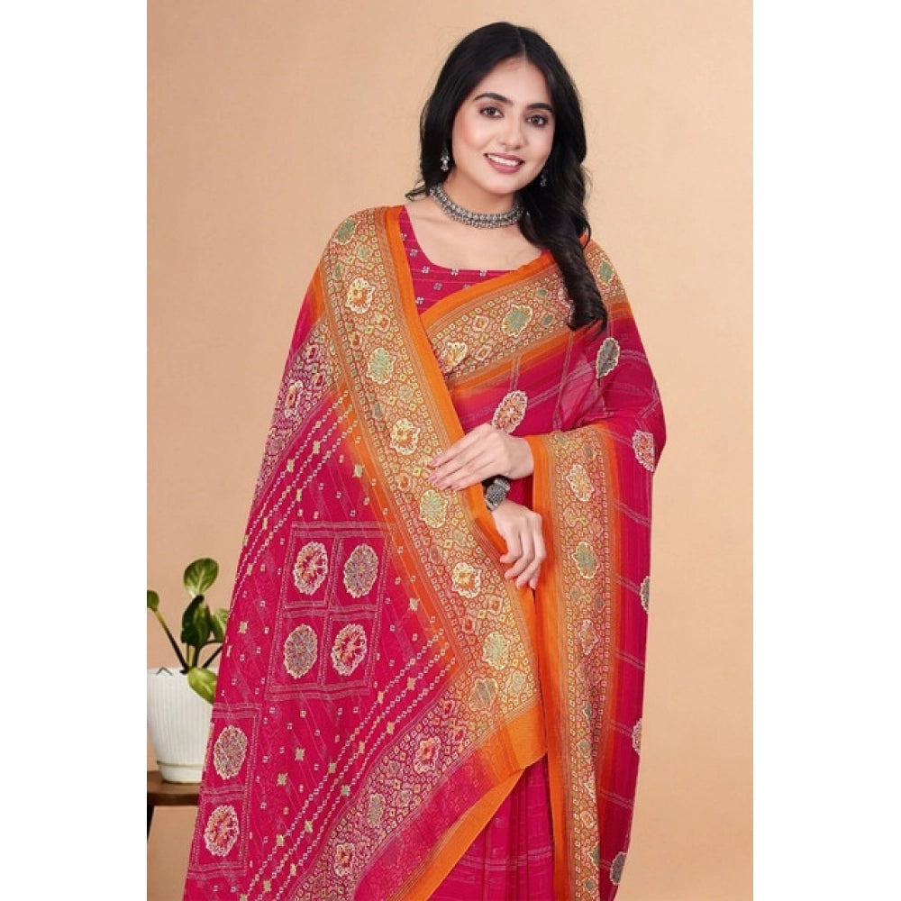 Women's Art Silk Printed Saree With Unstitched Blouse 5.5Mtr (Pink)