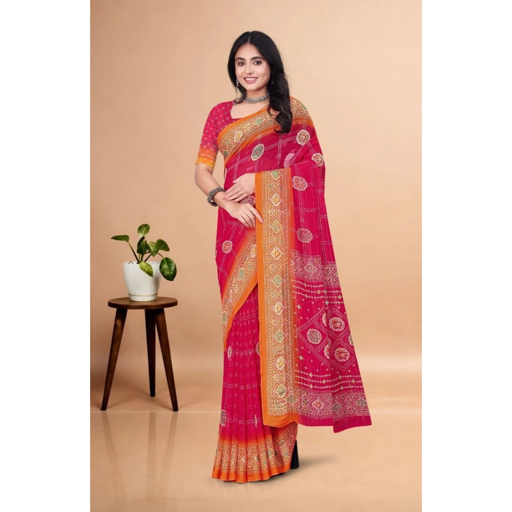 Women's Art Silk Printed Saree With Unstitched Blouse 5.5Mtr (Pink)