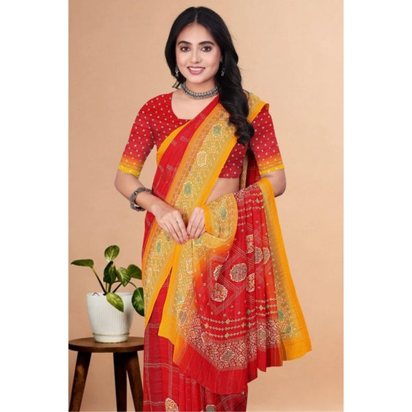 Women's Art Silk Printed Saree With Unstitched Blouse 5.5Mtr (Red)