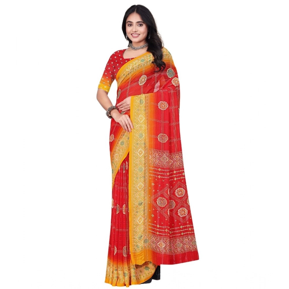 Women's Art Silk Printed Saree With Unstitched Blouse 5.5Mtr (Red)