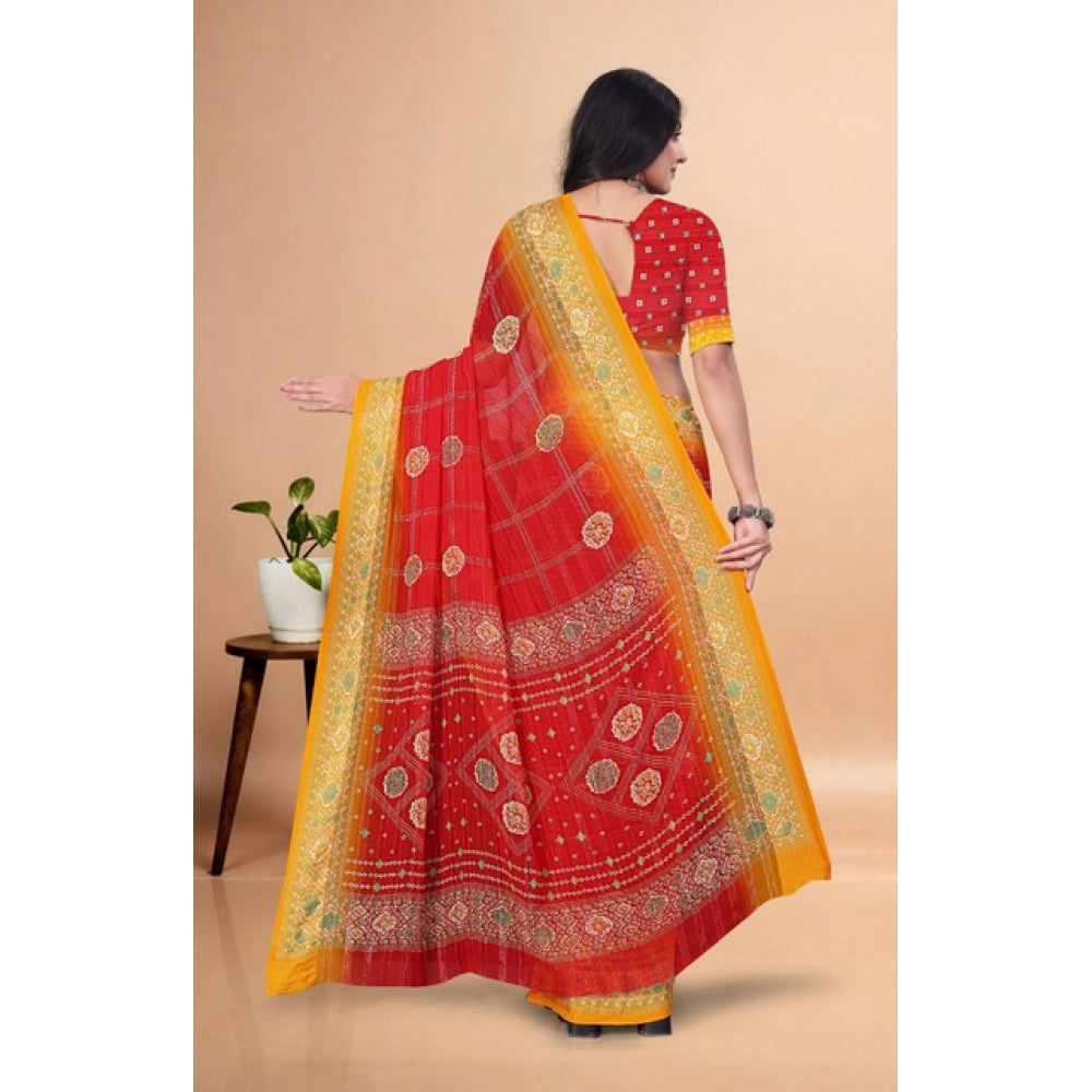 Women's Art Silk Printed Saree With Unstitched Blouse 5.5Mtr (Red)