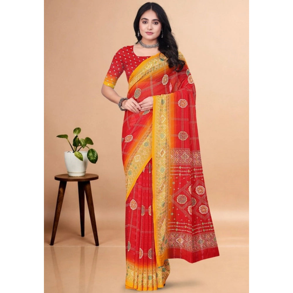 Women's Art Silk Printed Saree With Unstitched Blouse 5.5Mtr (Red)