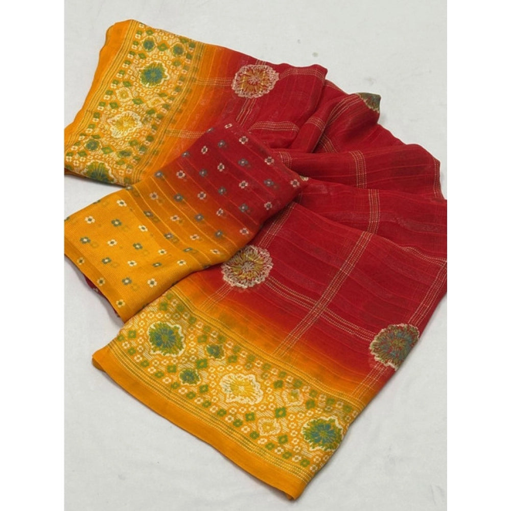 Women's Art Silk Printed Saree With Unstitched Blouse 5.5Mtr (Red)