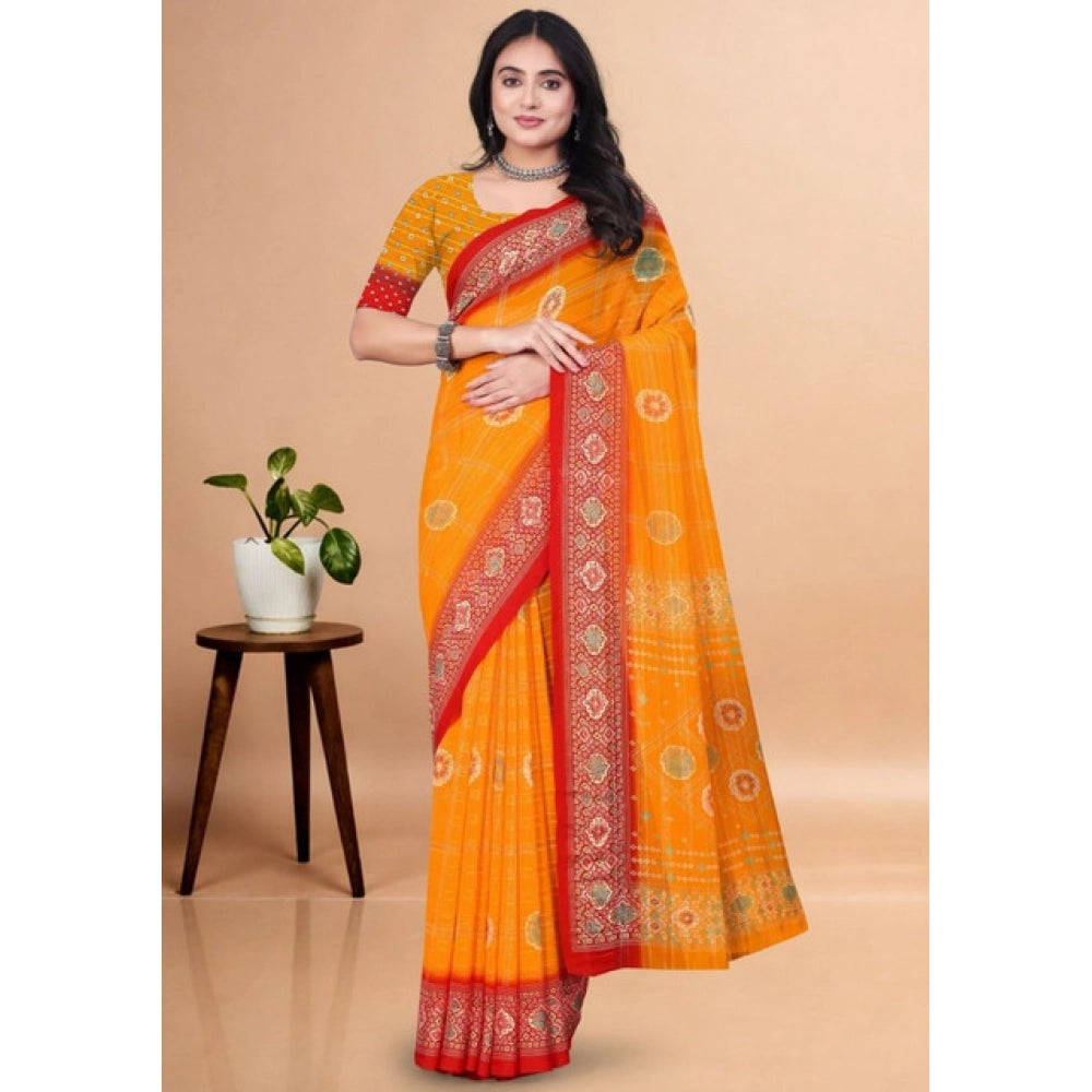 Women's Art Silk Printed Saree With Unstitched Blouse 5.5Mtr (Yellow)