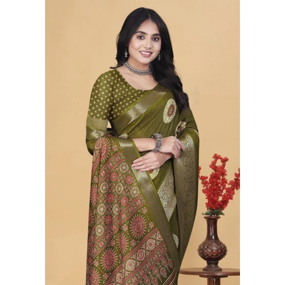 Women's Art Silk Printed Saree With Unstitched Blouse 5.5Mtr (Mehendi)