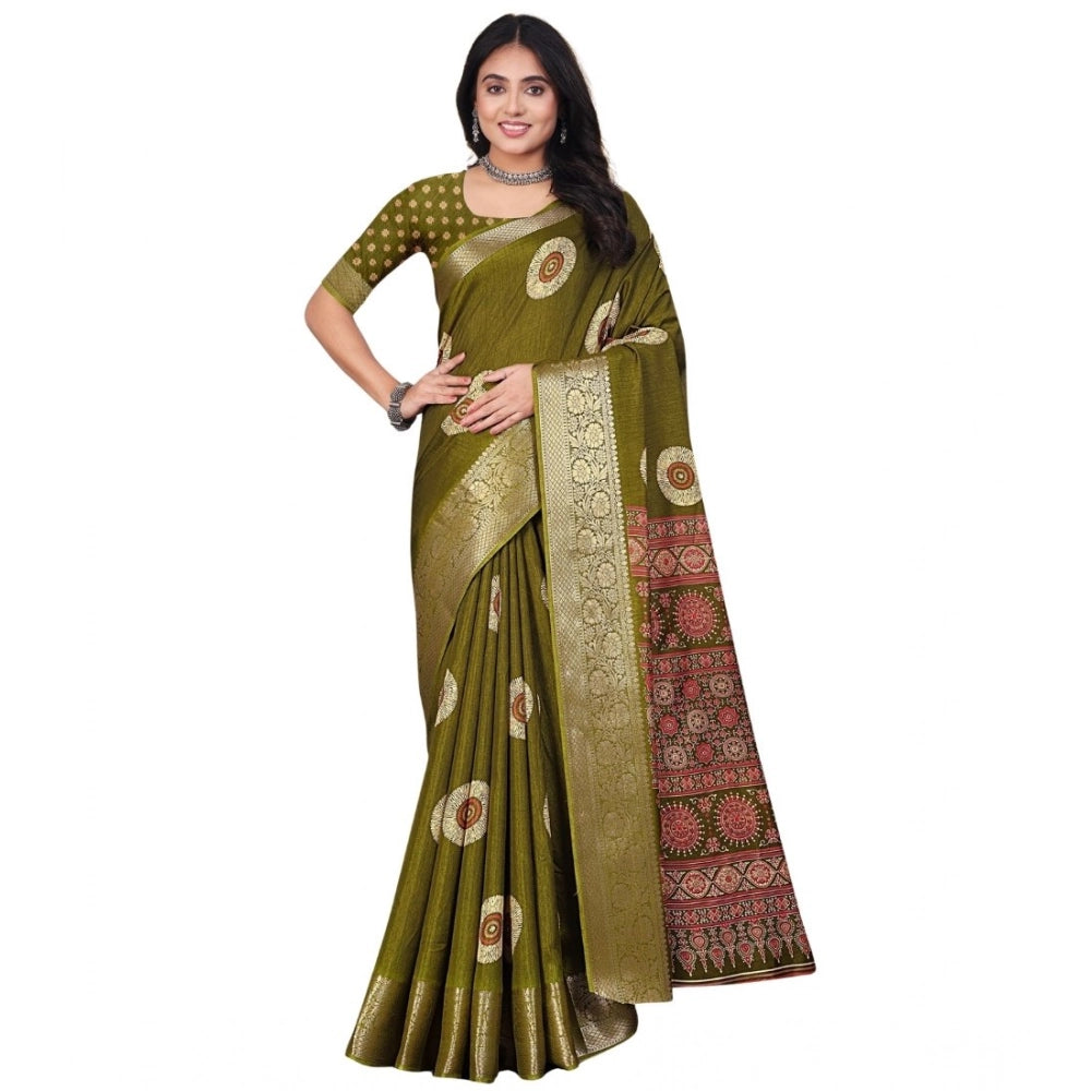 Women's Art Silk Printed Saree With Unstitched Blouse 5.5Mtr (Mehendi)