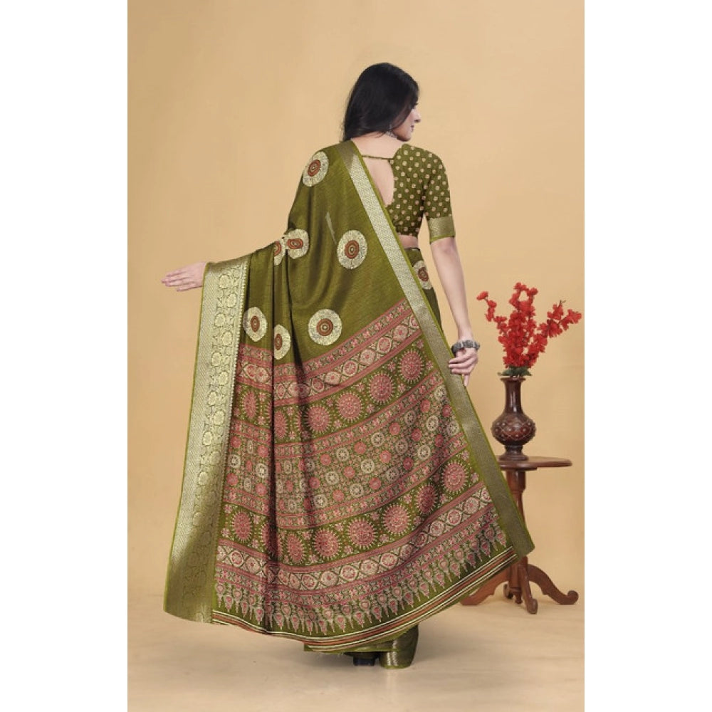 Women's Art Silk Printed Saree With Unstitched Blouse 5.5Mtr (Mehendi)