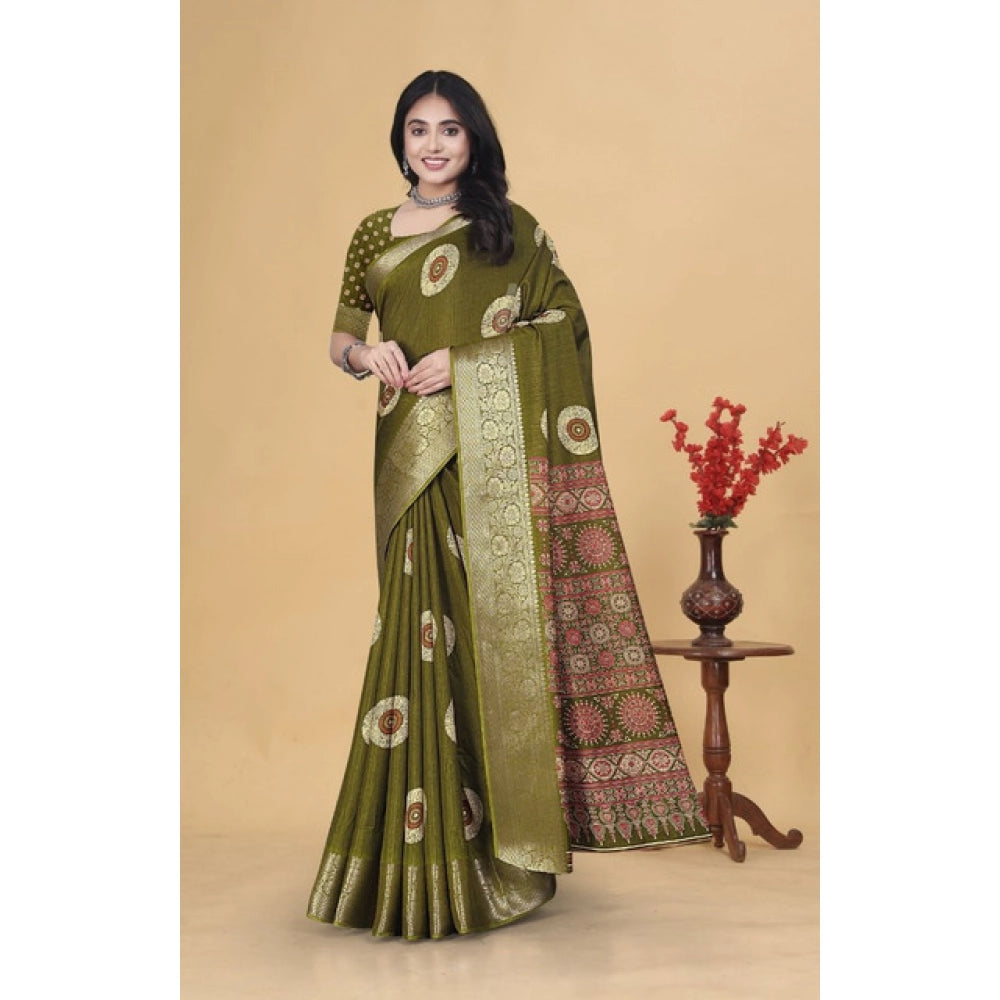Women's Art Silk Printed Saree With Unstitched Blouse 5.5Mtr (Mehendi)