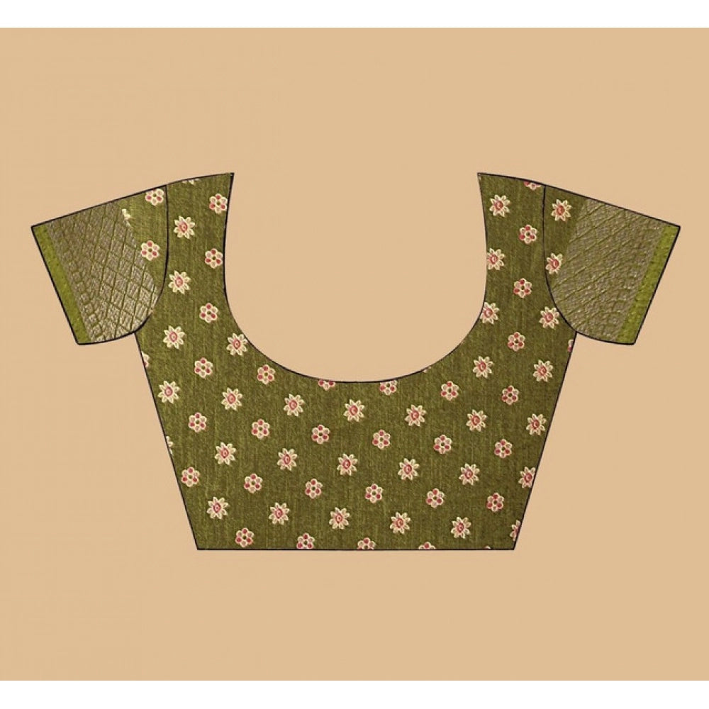 Women's Art Silk Printed Saree With Unstitched Blouse 5.5Mtr (Mehendi)