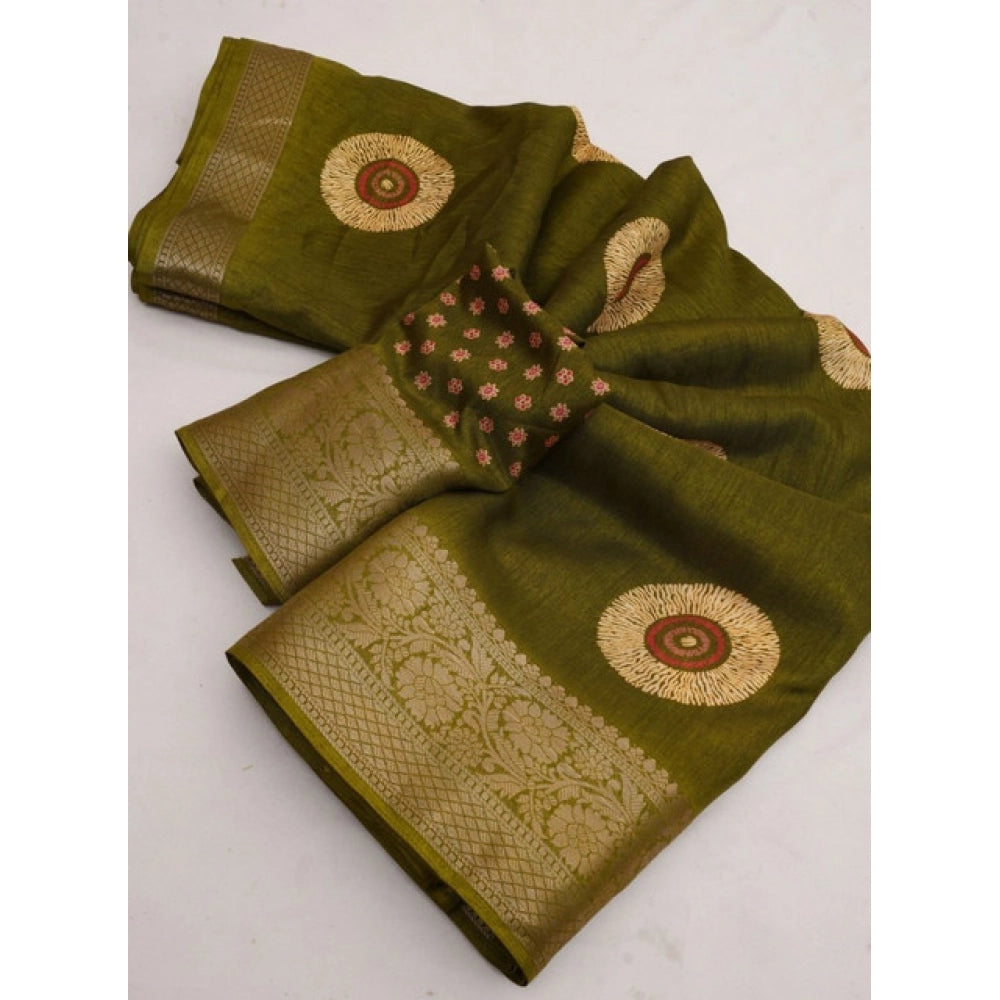 Women's Art Silk Printed Saree With Unstitched Blouse 5.5Mtr (Mehendi)