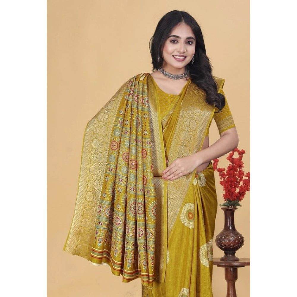 Women's Art Silk Printed Saree With Unstitched Blouse 5.5Mtr (Mustard)