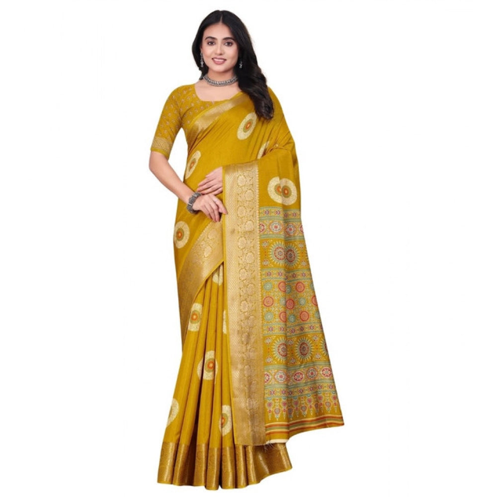Women's Art Silk Printed Saree With Unstitched Blouse 5.5Mtr (Mustard)