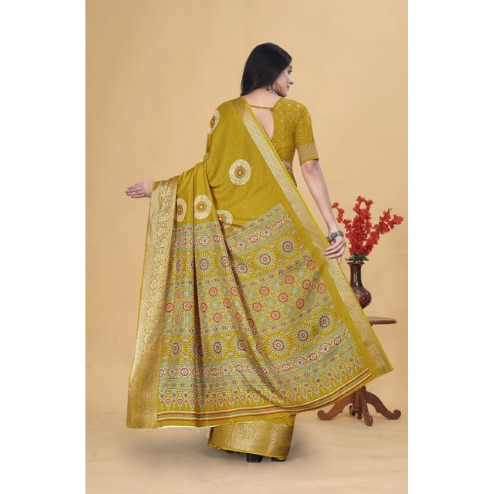 Women's Art Silk Printed Saree With Unstitched Blouse 5.5Mtr (Mustard)