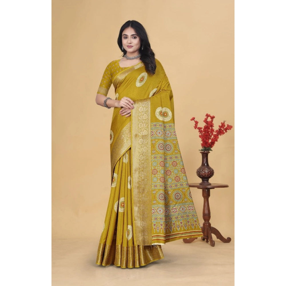 Women's Art Silk Printed Saree With Unstitched Blouse 5.5Mtr (Mustard)