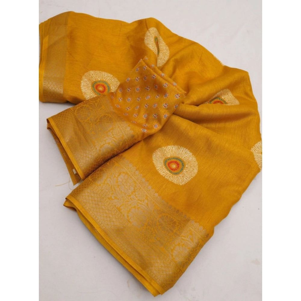 Women's Art Silk Printed Saree With Unstitched Blouse 5.5Mtr (Mustard)