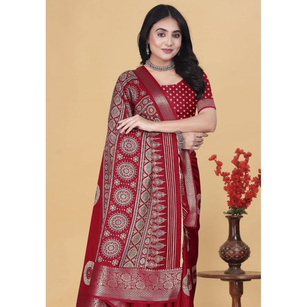 Women's Art Silk Printed Saree With Unstitched Blouse 5.5Mtr (Red)