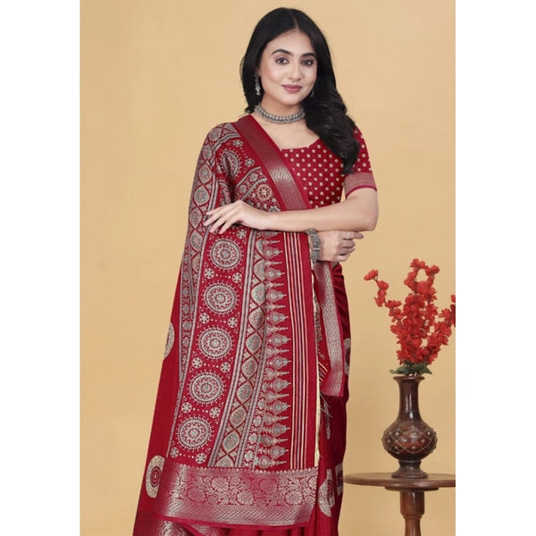 Women's Art Silk Printed Saree With Unstitched Blouse 5.5Mtr (Red)