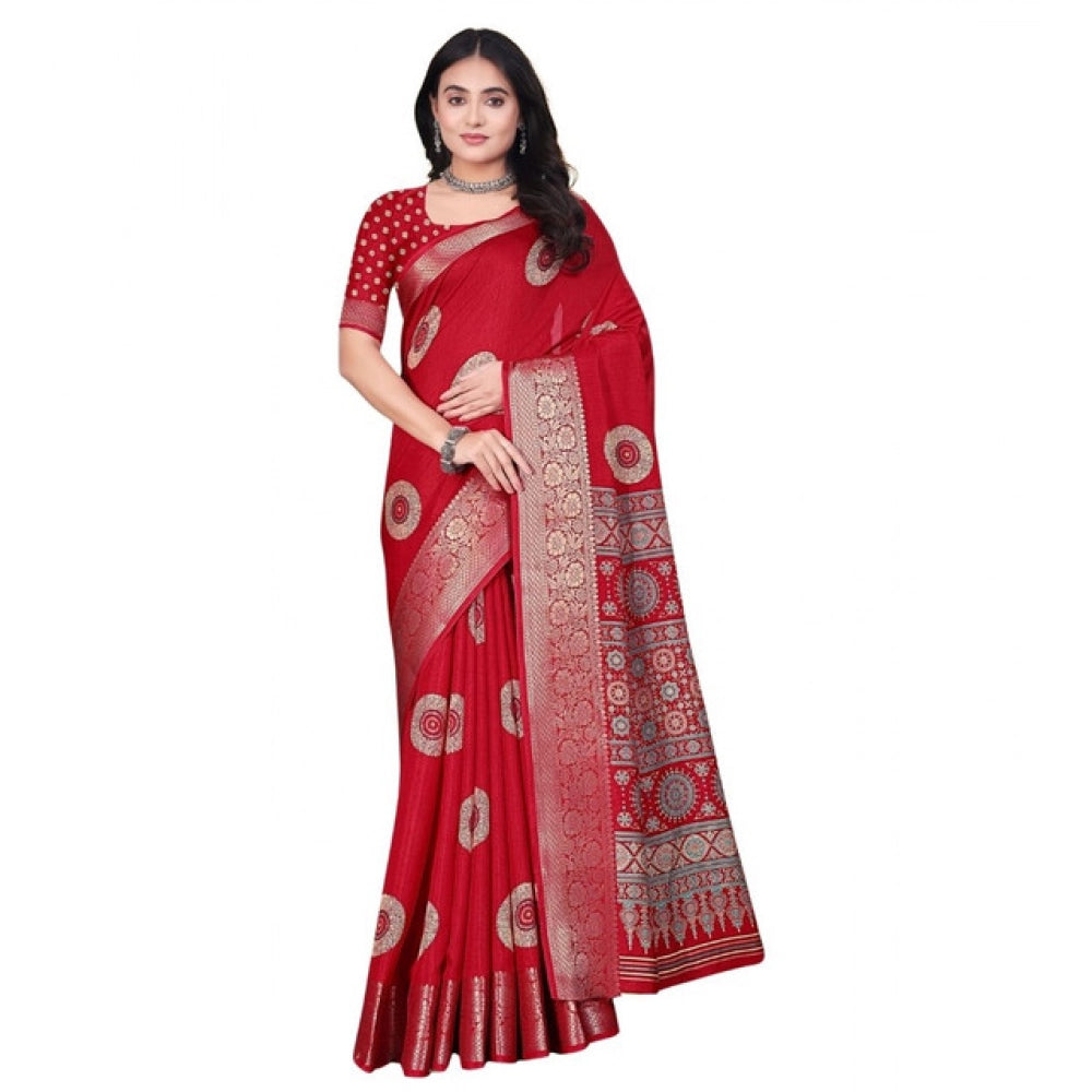 Women's Art Silk Printed Saree With Unstitched Blouse 5.5Mtr (Red)