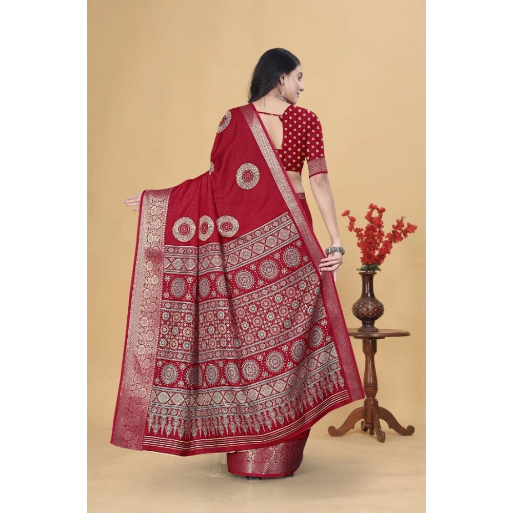 Women's Art Silk Printed Saree With Unstitched Blouse 5.5Mtr (Red)
