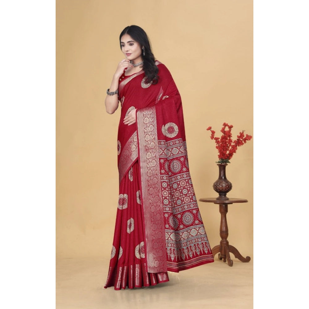 Women's Art Silk Printed Saree With Unstitched Blouse 5.5Mtr (Red)