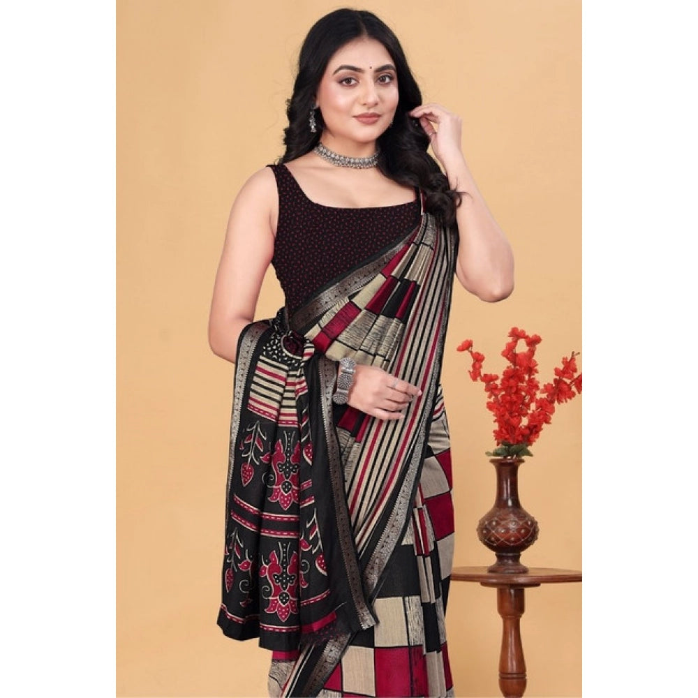 Women's Dupion Silk Block Printed Saree With Unstitched Blouse 5.5Mtr (Multicolor)