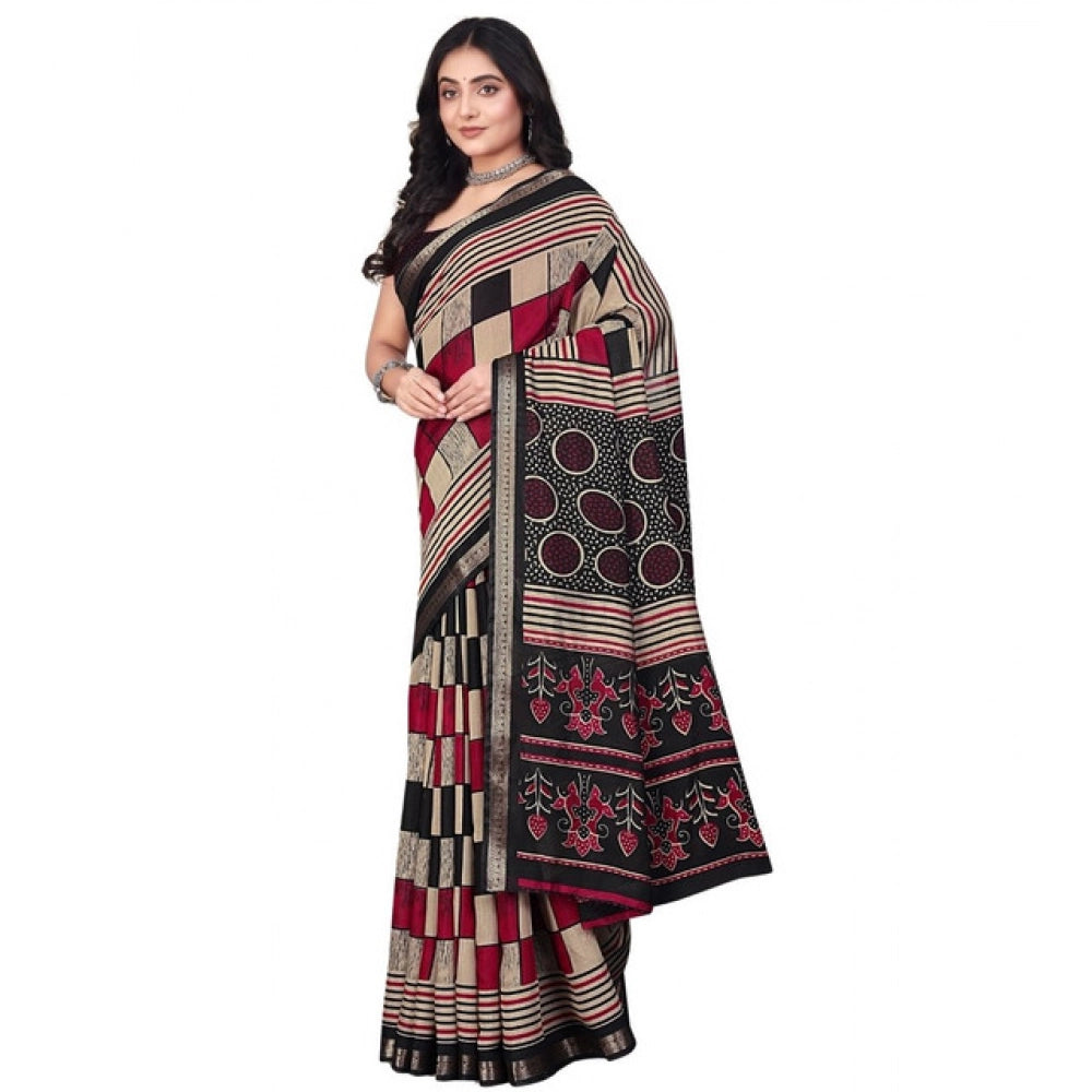Women's Dupion Silk Block Printed Saree With Unstitched Blouse 5.5Mtr (Multicolor)