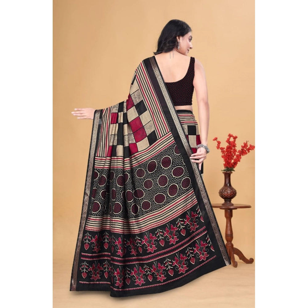 Women's Dupion Silk Block Printed Saree With Unstitched Blouse 5.5Mtr (Multicolor)