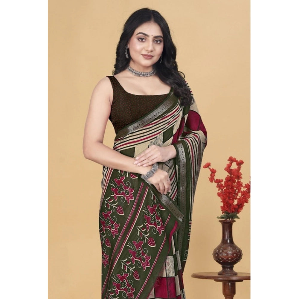 Women's Dupion Silk Block Printed Saree With Unstitched Blouse 5.5Mtr (Multicolor)