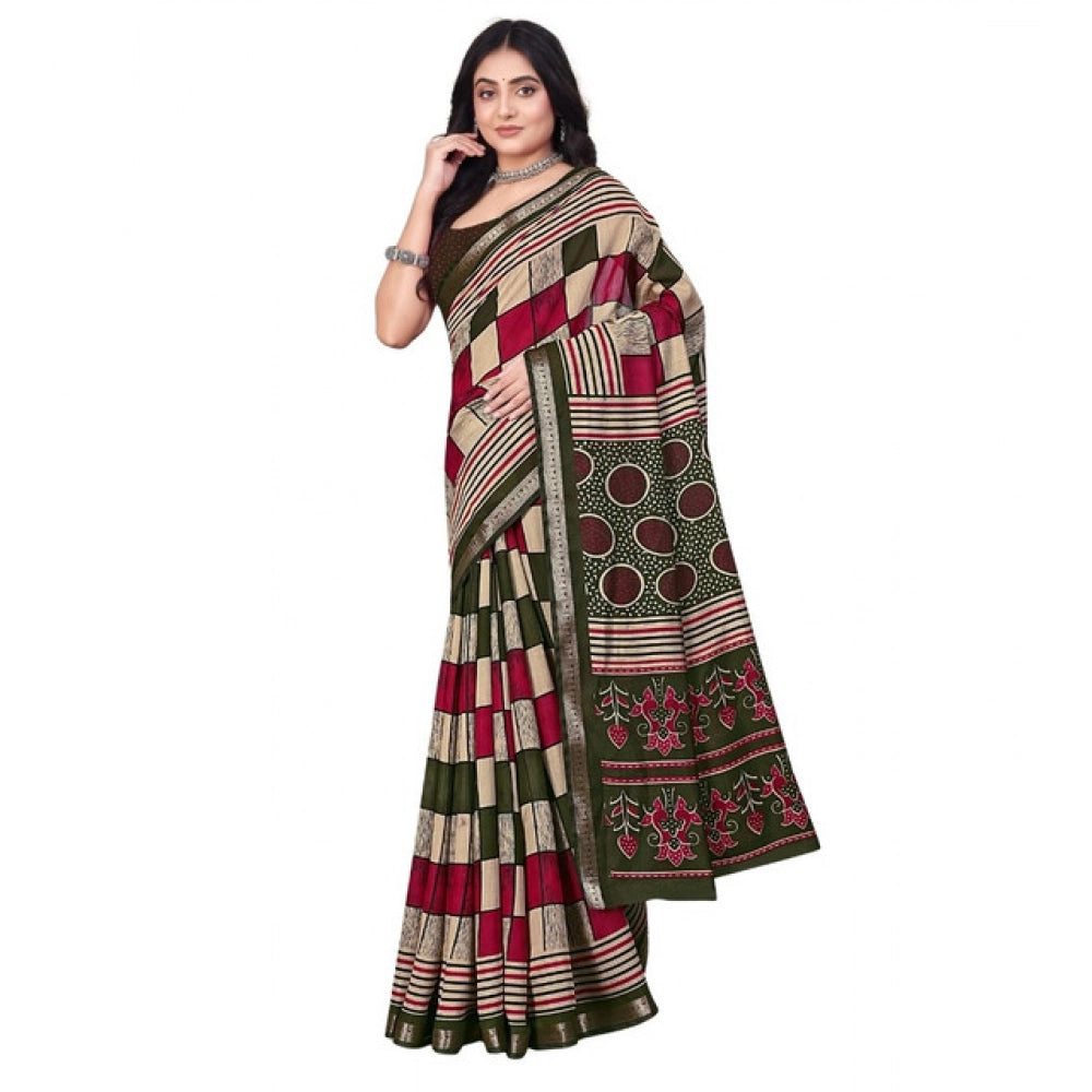 Women's Dupion Silk Block Printed Saree With Unstitched Blouse 5.5Mtr (Multicolor)